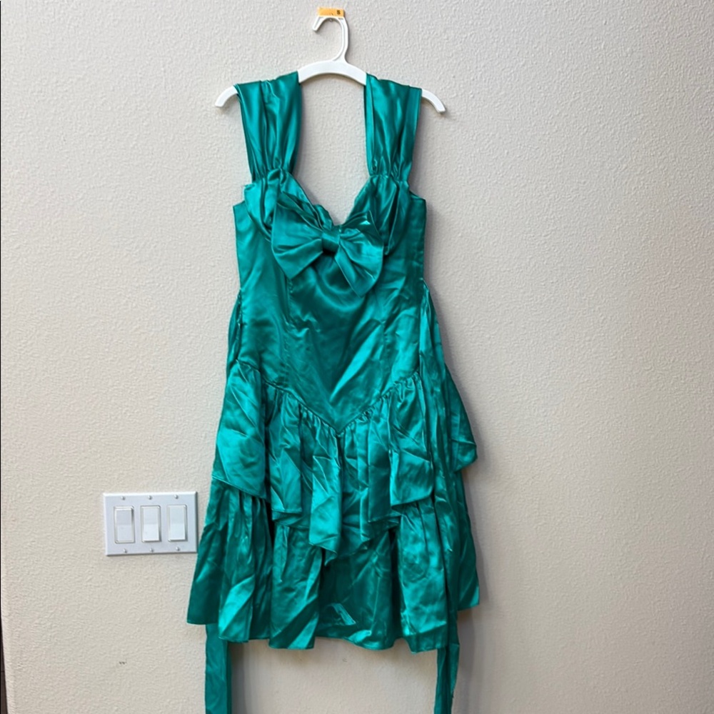 80s style Elegant Teal Satin Dress with Bow.